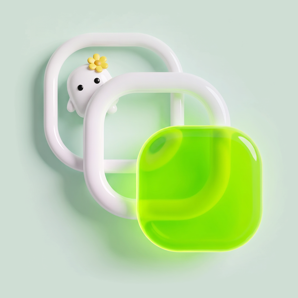 The vibe mark rendered in three dimensions: three rounded squares stepping down a diagonal, the two behind drawn as glossy white tubes, the front one a lime green glass face, and a small white creature peeking out from behind the rear square